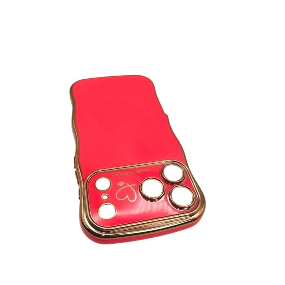 Wavy iPhone 17 ProMax Case Hot Pink Gold Heart Smile Everyday Cute Bright